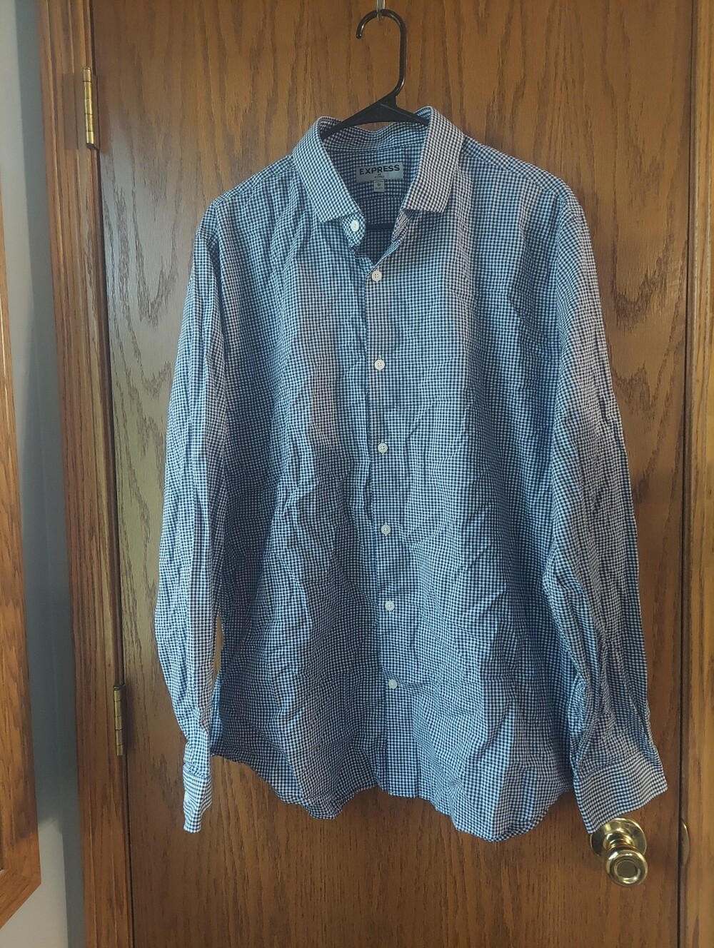 Express Fitted Navy Blue Gingham Check Dress Shirt Mens XL Long Sleeve